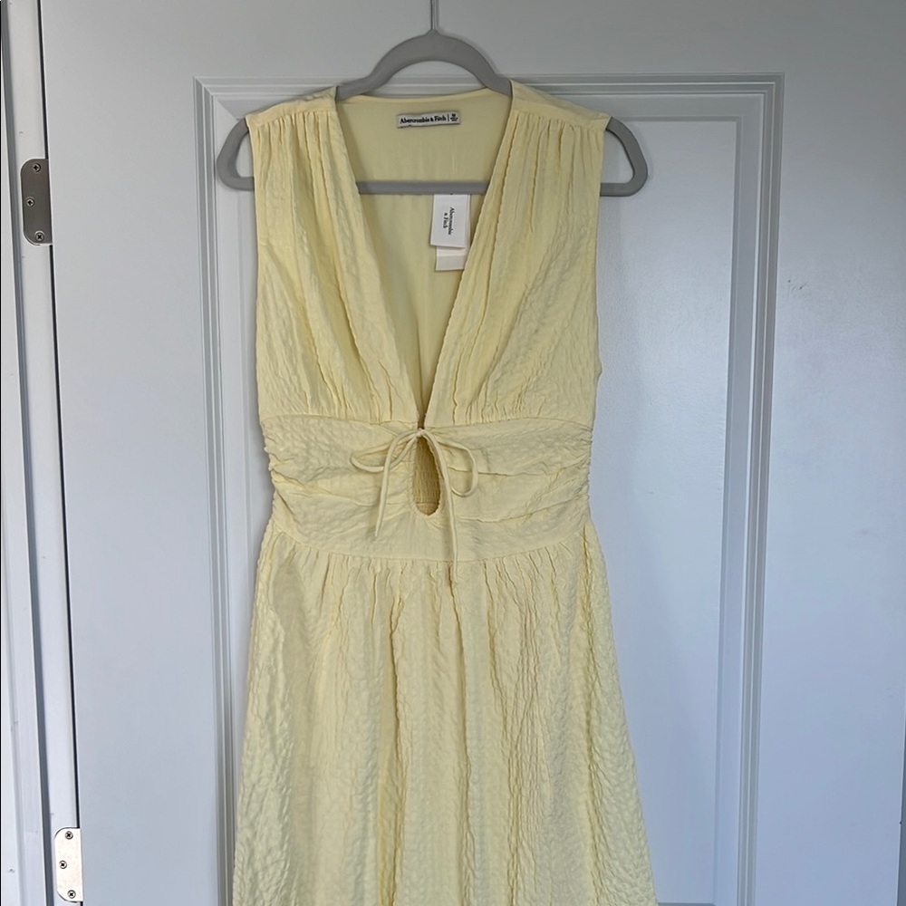 Abercrombie & Fitch Yellow Seersucker Tie Front Midi Dress